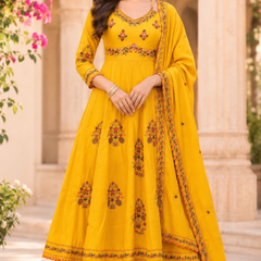 Women yellow    Embroidered Kurta Set with Palazzo Pants & Matching Dupatta – Traditional Festive Ethnic Wear