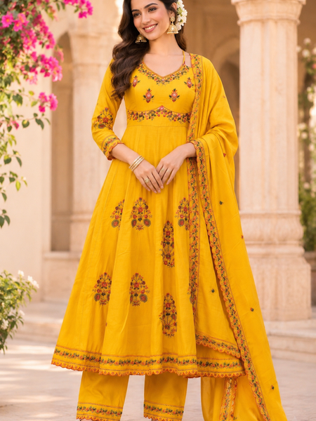 Women yellow    Embroidered Kurta Set with Palazzo Pants & Matching Dupatta – Traditional Festive Ethnic Wear