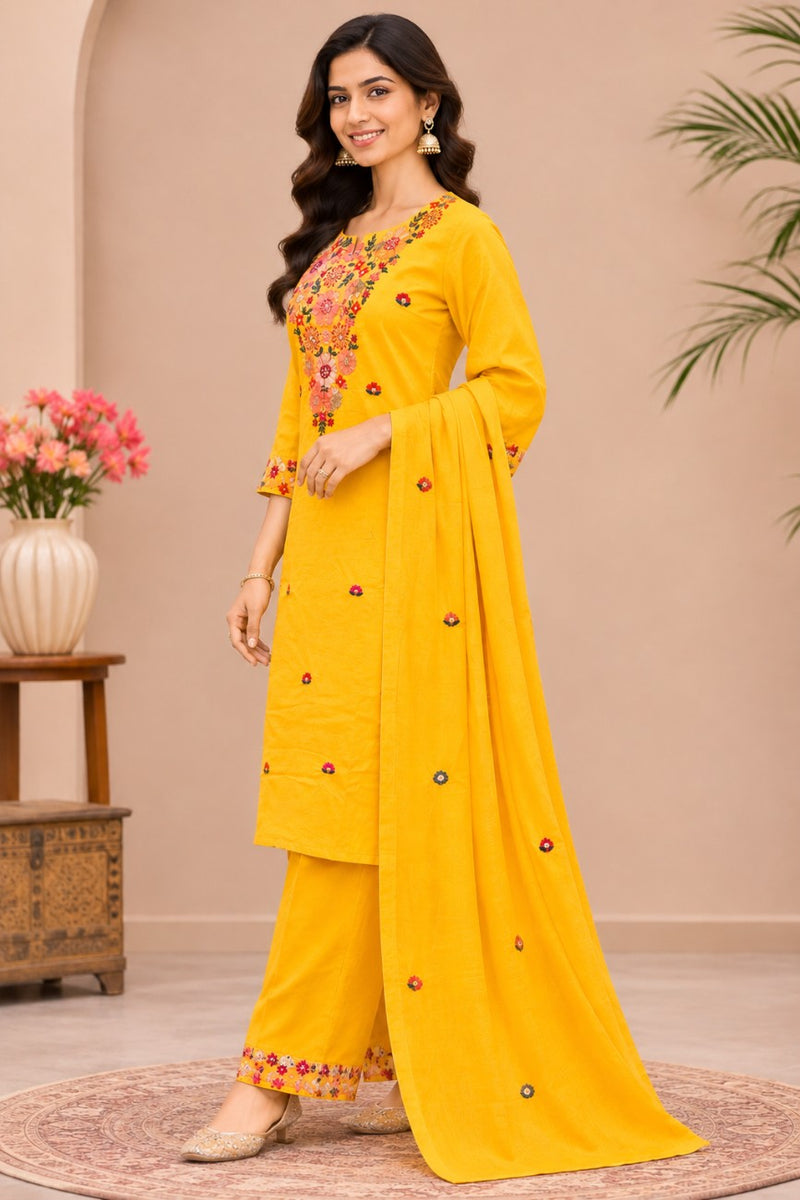 Women  yellow  Embroidered Kurta Set with Palazzo& Matching Dupatta – Traditional Festive Ethnic Wear
