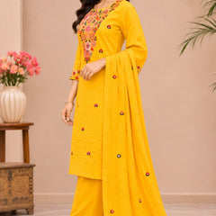 Women  yellow  Embroidered Kurta Set with Palazzo& Matching Dupatta – Traditional Festive Ethnic Wear