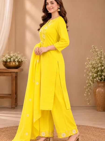 Women Yellow    Embroidered Kurta Set with Palazzo  & Matching Dupatta – Traditional Festive Ethnic Wear