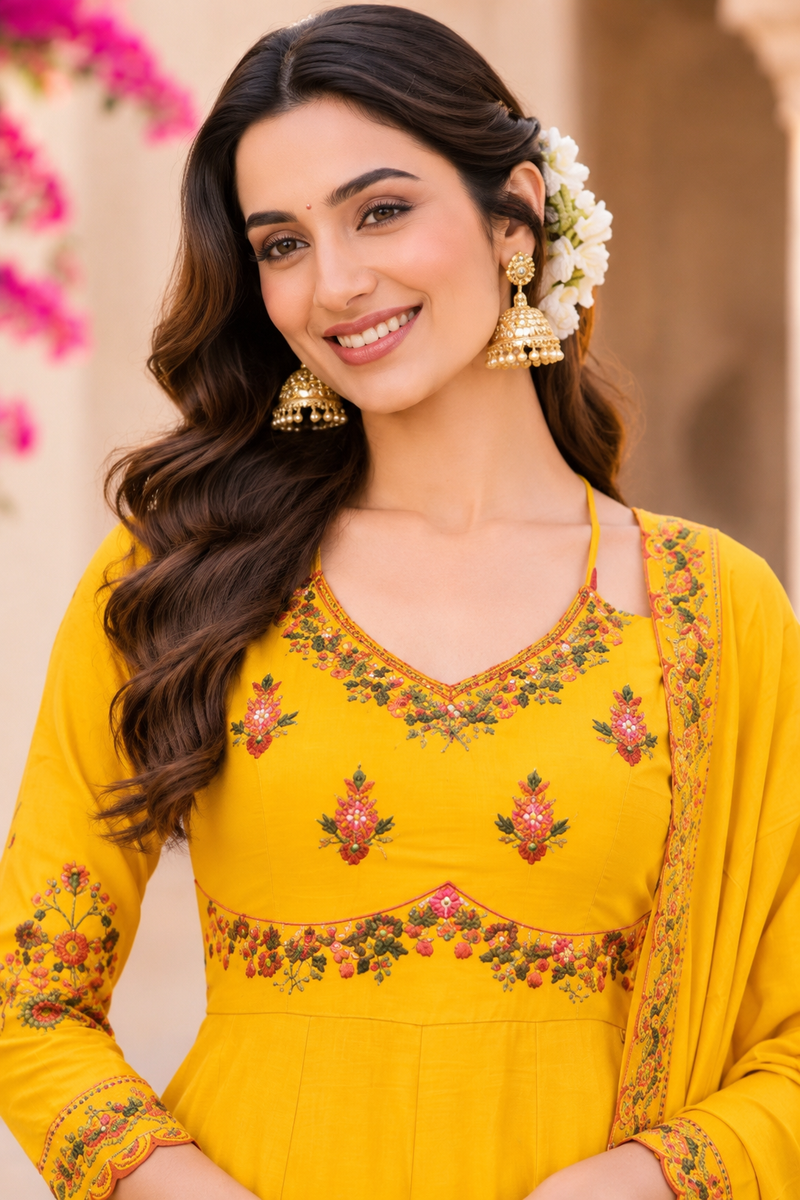 Women yellow    Embroidered Kurta Set with Palazzo Pants & Matching Dupatta – Traditional Festive Ethnic Wear