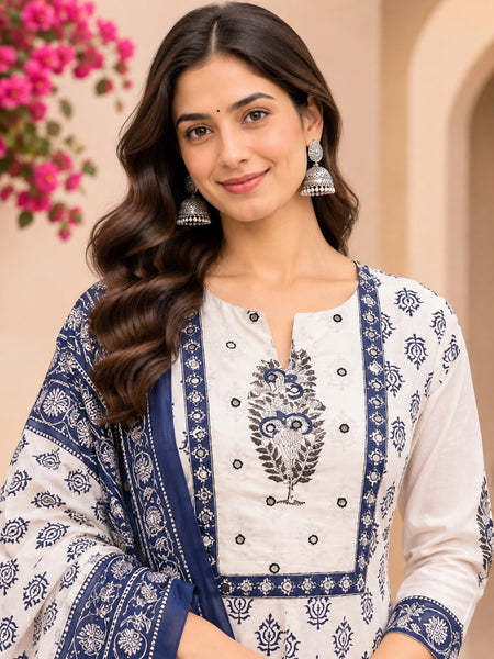 Women Blue   Embroidered Kurta Set with Palazzo  & Matching Dupatta – Traditional Festive Ethnic Wear