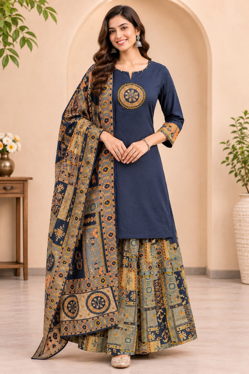 Women blue    Embroidered Kurta Set with Palazzo  & Matching Dupatta – Traditional Festive Ethnic Wear