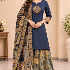 Women blue    Embroidered Kurta Set with Palazzo  & Matching Dupatta – Traditional Festive Ethnic Wear