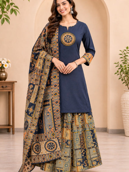 Women blue    Embroidered Kurta Set with Palazzo  & Matching Dupatta – Traditional Festive Ethnic Wear