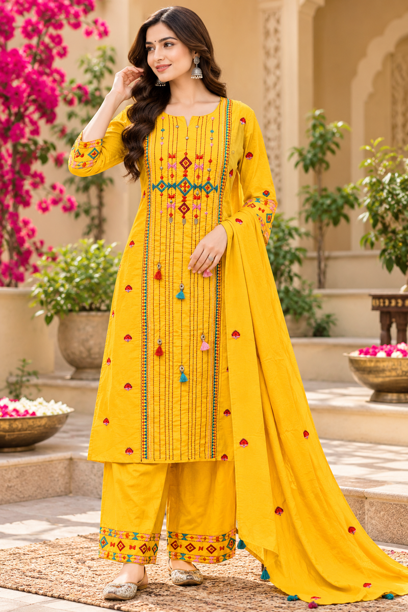Women’s Yellow  Embroidered Kurta Set with Palazzo Pants & Matching Dupatta – Traditional Festive Ethnic Wear