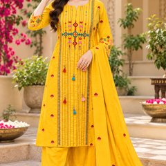 Women’s Yellow  Embroidered Kurta Set with Palazzo Pants & Matching Dupatta – Traditional Festive Ethnic Wear