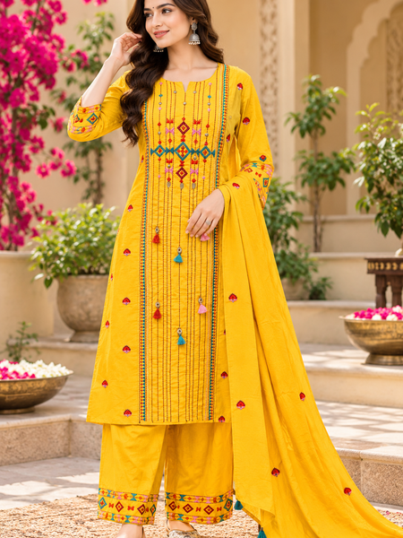 Women’s Yellow  Embroidered Kurta Set with Palazzo Pants & Matching Dupatta – Traditional Festive Ethnic Wear