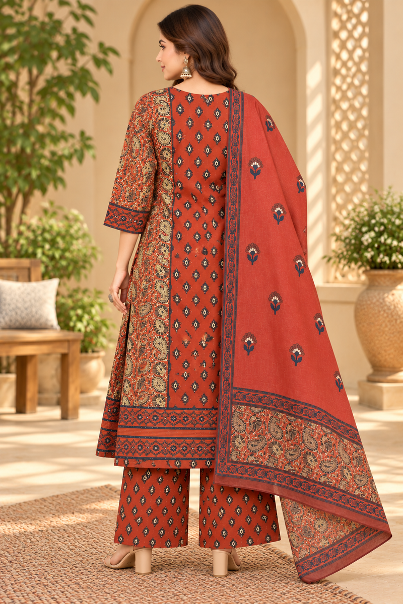 Women’s  Maroon   Embroidered Kurta Set with Palazzo Pants & Matching Dupatta – Traditional Festive Ethnic Wear