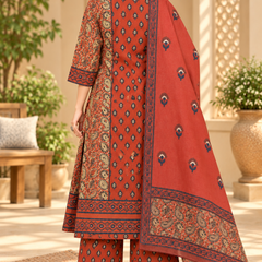 Women’s  Maroon   Embroidered Kurta Set with Palazzo Pants & Matching Dupatta – Traditional Festive Ethnic Wear