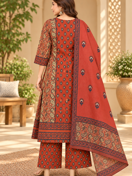 Women’s  Maroon   Embroidered Kurta Set with Palazzo Pants & Matching Dupatta – Traditional Festive Ethnic Wear
