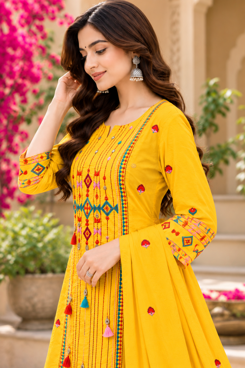 Women’s Yellow  Embroidered Kurta Set with Palazzo Pants & Matching Dupatta – Traditional Festive Ethnic Wear