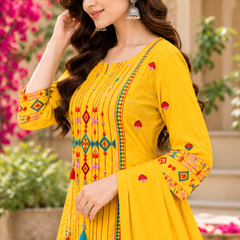 Women’s Yellow  Embroidered Kurta Set with Palazzo Pants & Matching Dupatta – Traditional Festive Ethnic Wear