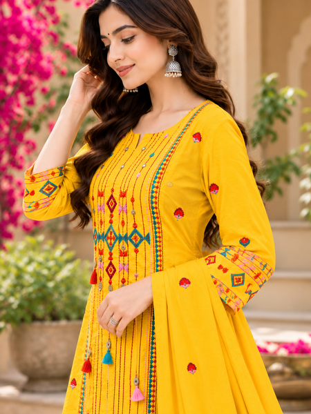 Women’s Yellow  Embroidered Kurta Set with Palazzo Pants & Matching Dupatta – Traditional Festive Ethnic Wear