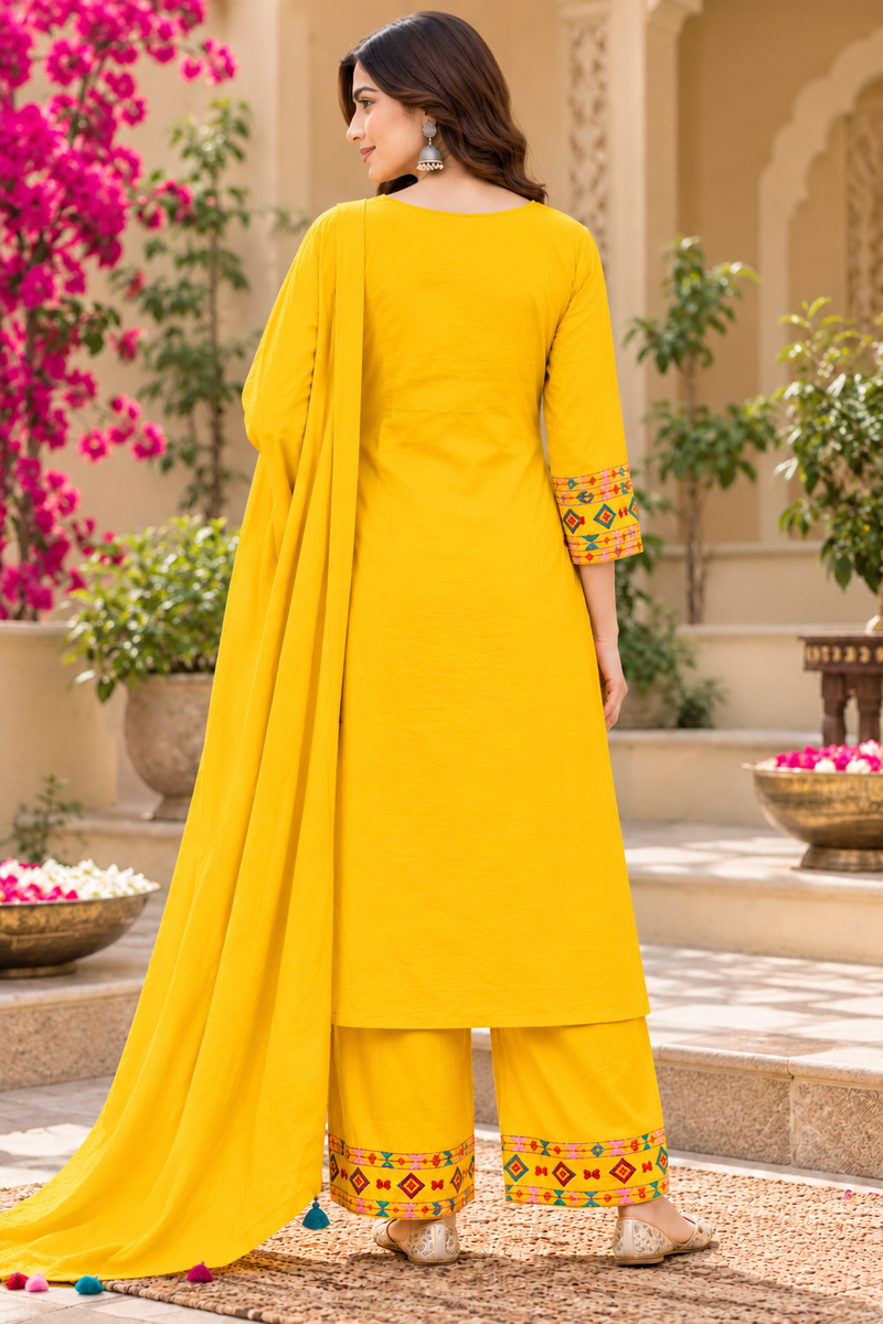 Women’s Yellow  Embroidered Kurta Set with Palazzo Pants & Matching Dupatta – Traditional Festive Ethnic Wear