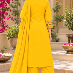 Women’s Yellow  Embroidered Kurta Set with Palazzo Pants & Matching Dupatta – Traditional Festive Ethnic Wear