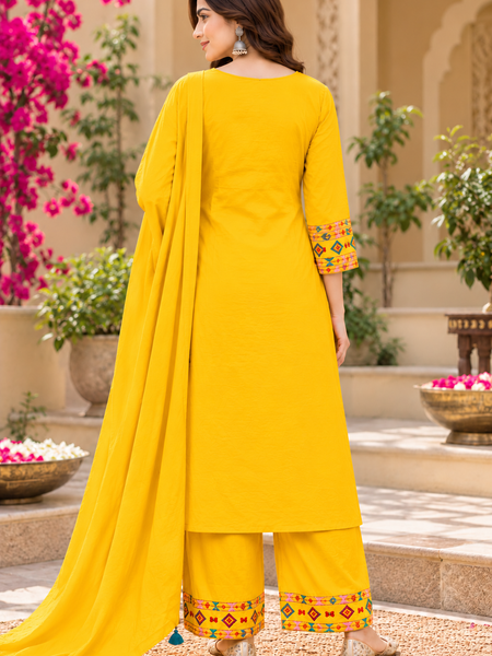 Women’s Yellow  Embroidered Kurta Set with Palazzo Pants & Matching Dupatta – Traditional Festive Ethnic Wear