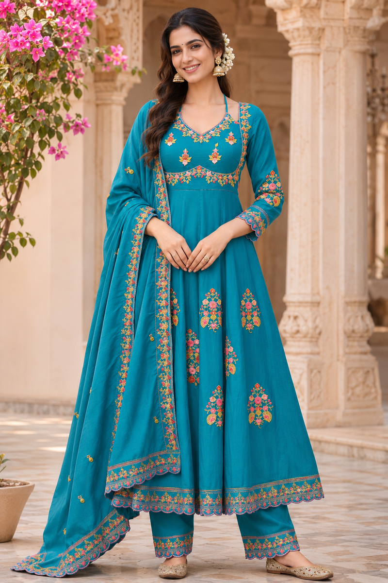 Women turquoise blue   Embroidered Kurta Set with Palazzo Pants & Matching Dupatta – Traditional Festive Ethnic Wear