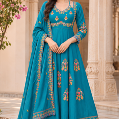 Women turquoise blue   Embroidered Kurta Set with Palazzo Pants & Matching Dupatta – Traditional Festive Ethnic Wear