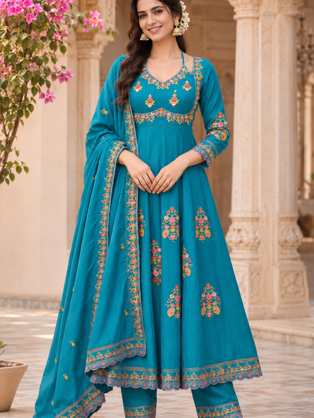 Women turquoise blue   Embroidered Kurta Set with Palazzo Pants & Matching Dupatta – Traditional Festive Ethnic Wear