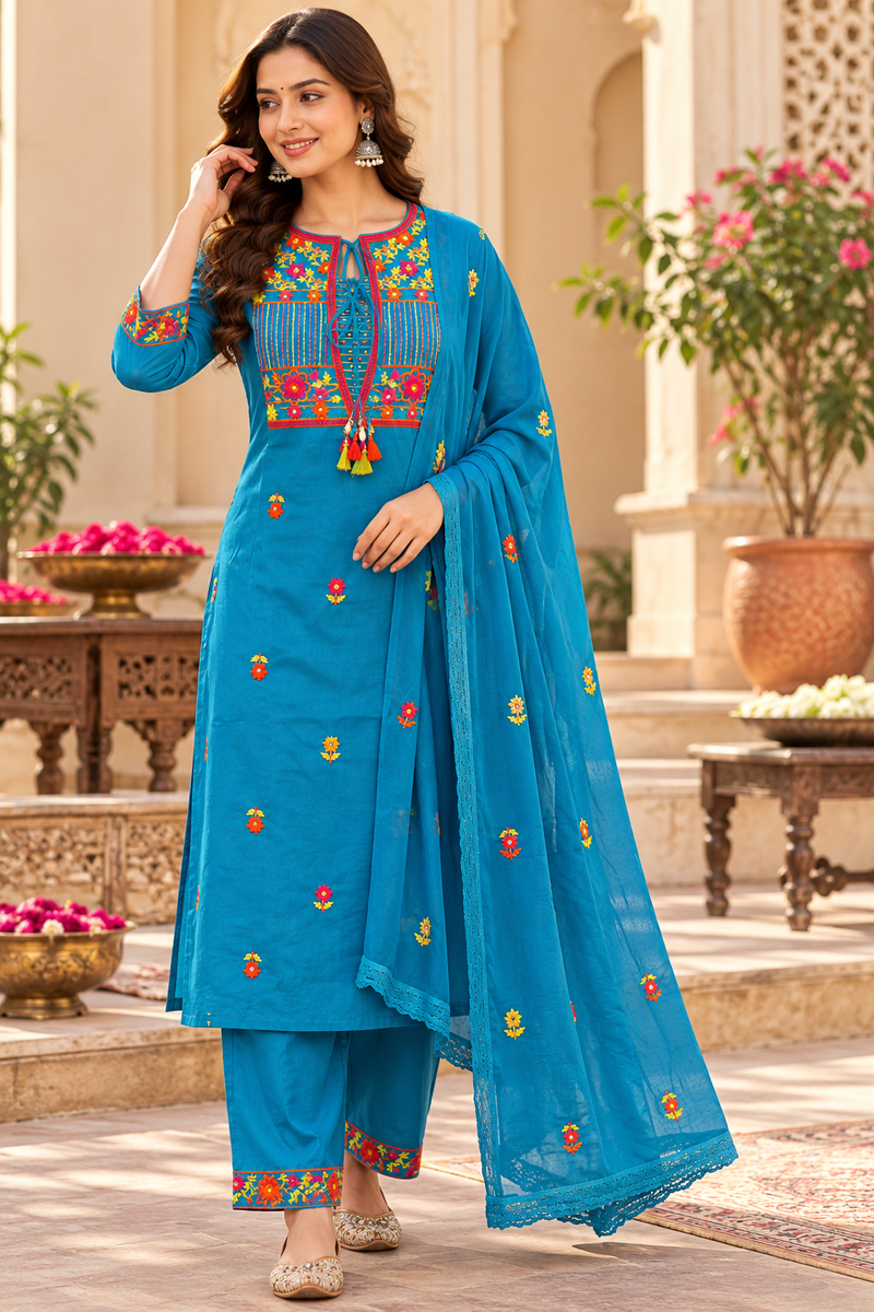 Women’s Turquoise blue    Embroidered Kurta Set with  Pants & Matching Dupatta – Traditional Festive Ethnic Wear