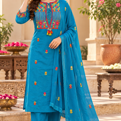 Women’s Turquoise blue    Embroidered Kurta Set with  Pants & Matching Dupatta – Traditional Festive Ethnic Wear