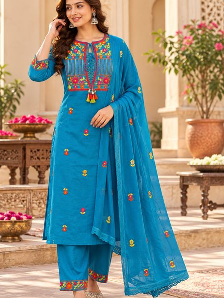 Women’s Turquoise blue    Embroidered Kurta Set with  Pants & Matching Dupatta – Traditional Festive Ethnic Wear