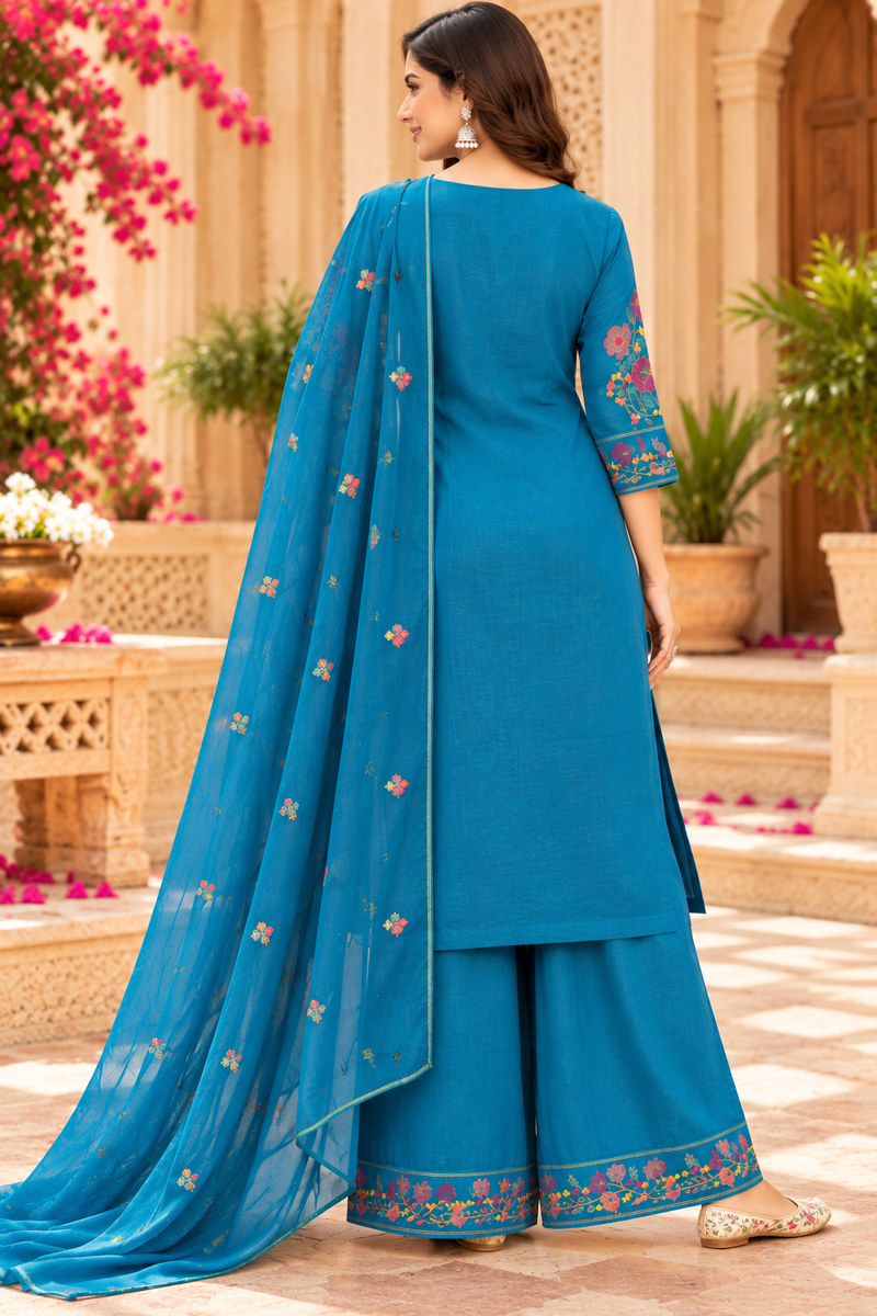 Women’s Turquoise blue    Embroidered Kurta Set with  Pants & Matching Dupatta – Traditional Festive Ethnic Wear