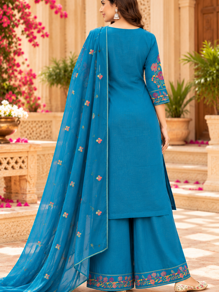Women’s Turquoise blue    Embroidered Kurta Set with  Pants & Matching Dupatta – Traditional Festive Ethnic Wear