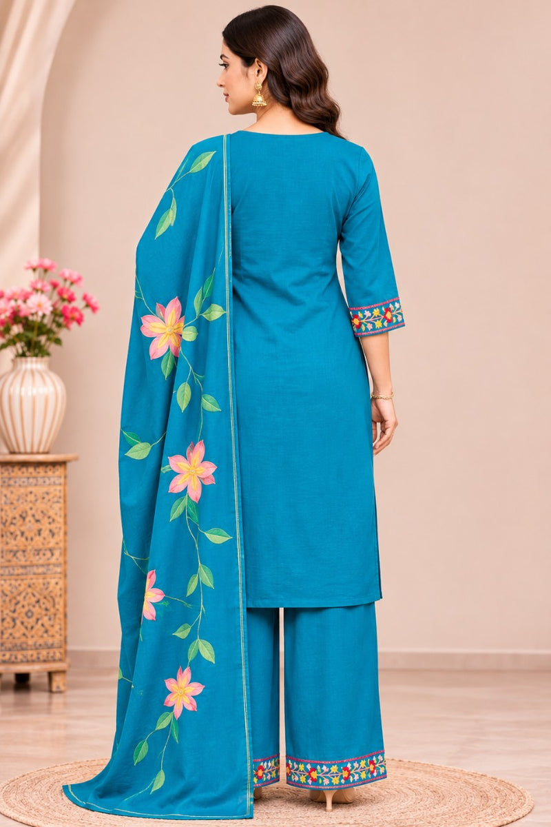 Women turqouise blue    Embroidered Kurta Set with Palazzo  & Matching Dupatta – Traditional Festive Ethnic Wear