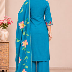Women turqouise blue    Embroidered Kurta Set with Palazzo  & Matching Dupatta – Traditional Festive Ethnic Wear