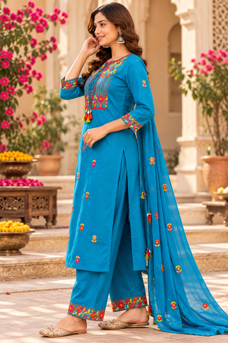 Women’s Turquoise blue    Embroidered Kurta Set with  Pants & Matching Dupatta – Traditional Festive Ethnic Wear