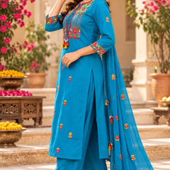 Women’s Turquoise blue    Embroidered Kurta Set with  Pants & Matching Dupatta – Traditional Festive Ethnic Wear