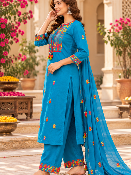 Women’s Turquoise blue    Embroidered Kurta Set with  Pants & Matching Dupatta – Traditional Festive Ethnic Wear