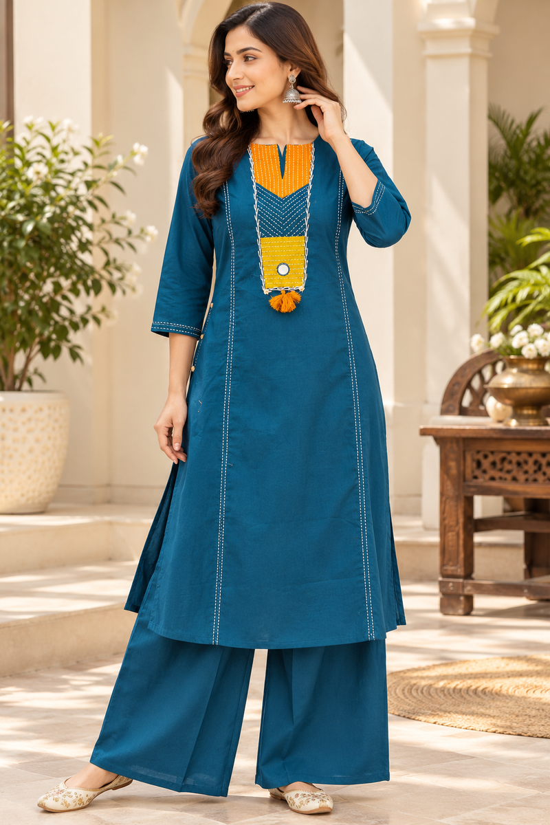 Women’ Blue  Embroidered Kurta Set with Palazzo  – Traditional Festive Ethnic Wear