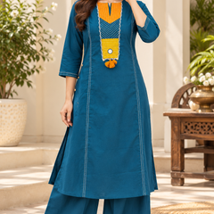 Women’ Blue  Embroidered Kurta Set with Palazzo  – Traditional Festive Ethnic Wear
