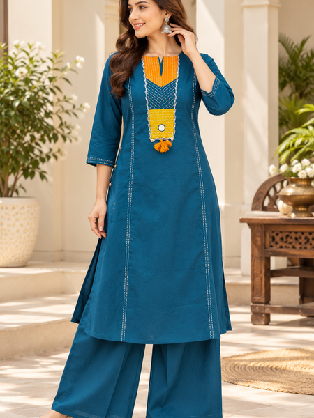 Women’ Blue  Embroidered Kurta Set with Palazzo  – Traditional Festive Ethnic Wear