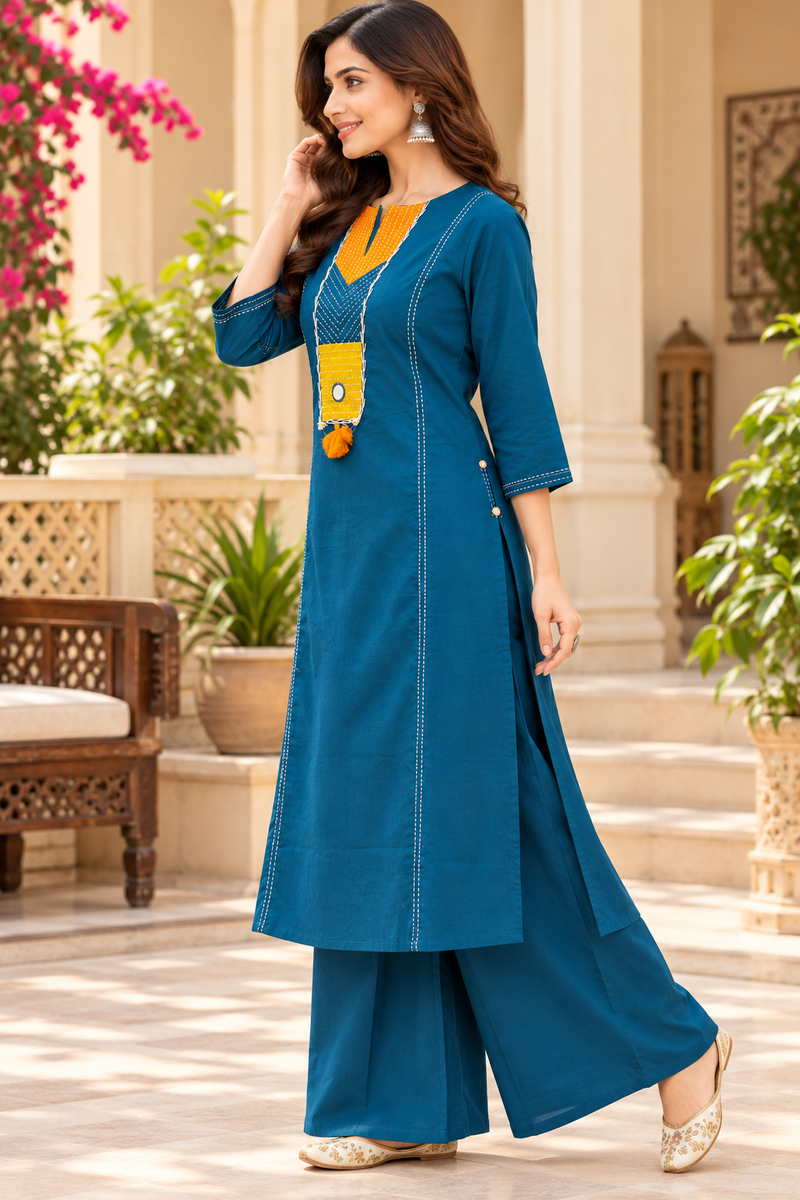 Women’ Blue  Embroidered Kurta Set with Palazzo  – Traditional Festive Ethnic Wear