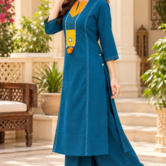 Women’ Blue  Embroidered Kurta Set with Palazzo  – Traditional Festive Ethnic Wear
