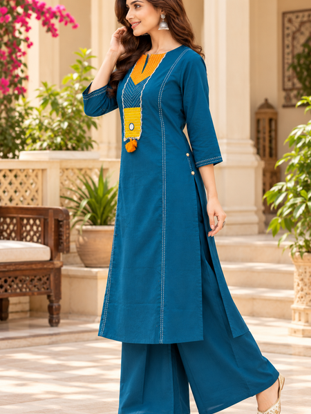 Women’ Blue  Embroidered Kurta Set with Palazzo  – Traditional Festive Ethnic Wear