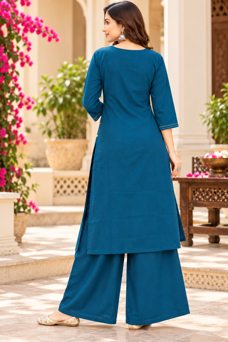 Women’ Blue  Embroidered Kurta Set with Palazzo  – Traditional Festive Ethnic Wear