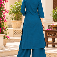 Women’ Blue  Embroidered Kurta Set with Palazzo  – Traditional Festive Ethnic Wear