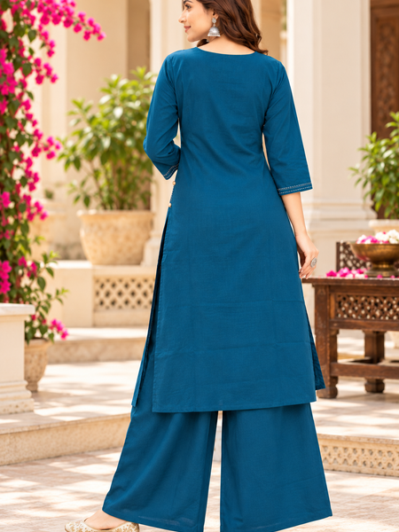 Women’ Blue  Embroidered Kurta Set with Palazzo  – Traditional Festive Ethnic Wear