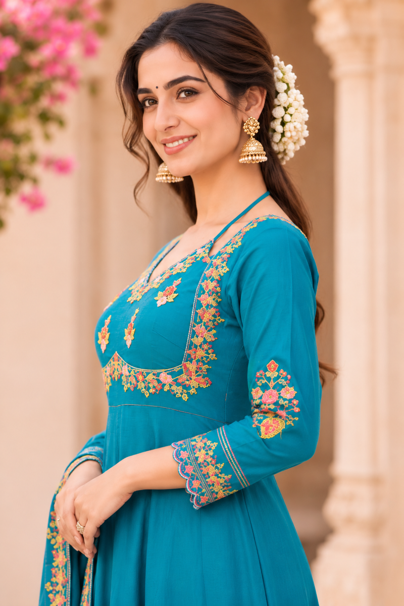 Women turquoise blue   Embroidered Kurta Set with Palazzo Pants & Matching Dupatta – Traditional Festive Ethnic Wear
