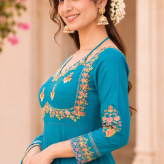 Women turquoise blue   Embroidered Kurta Set with Palazzo Pants & Matching Dupatta – Traditional Festive Ethnic Wear