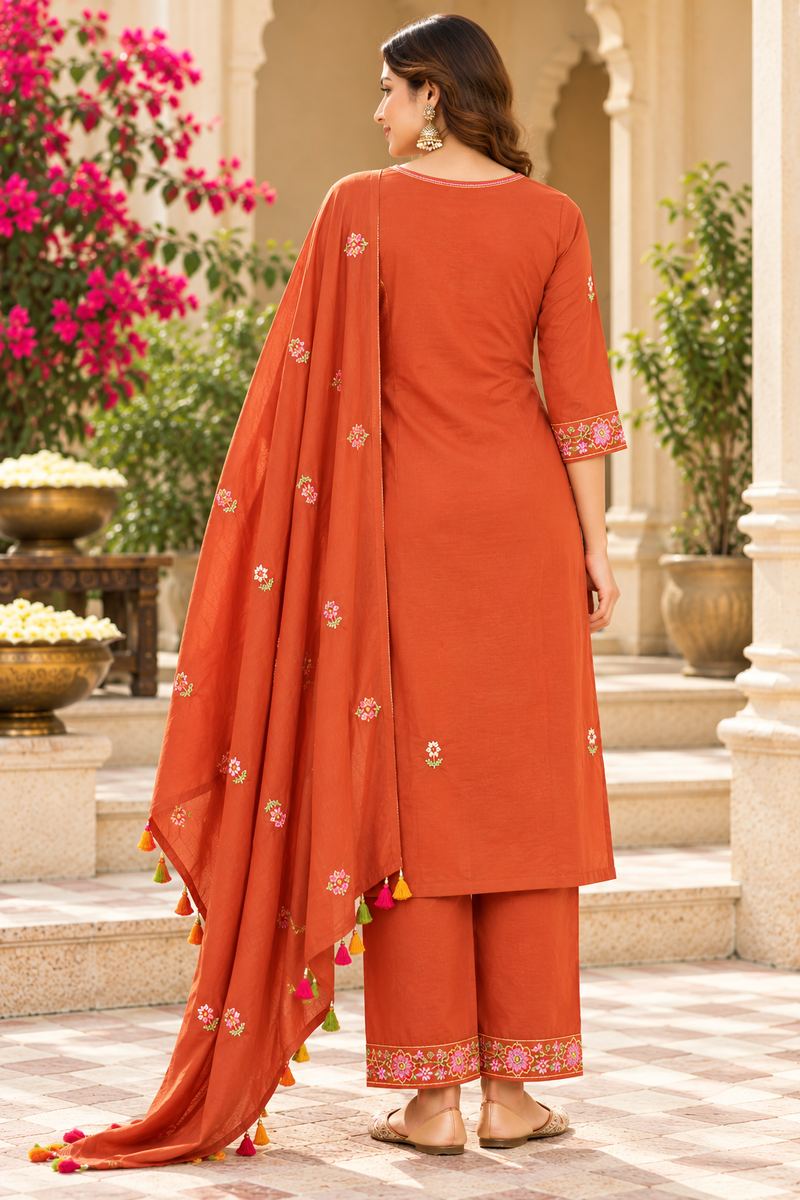 Women’s  Orange   Embroidered Kurta Set with  Pants & Matching Dupatta – Traditional Festive Ethnic Wear
