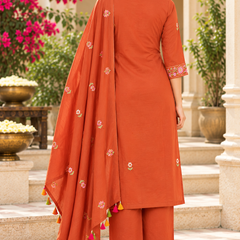 Women’s  Orange   Embroidered Kurta Set with  Pants & Matching Dupatta – Traditional Festive Ethnic Wear