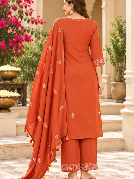 Women’s  Orange   Embroidered Kurta Set with  Pants & Matching Dupatta – Traditional Festive Ethnic Wear