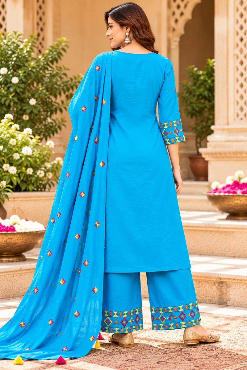 Women’s Turquoise blue  Embroidered Kurta Set with Palazzo Pants & Matching Dupatta – Traditional Festive Ethnic Wear
